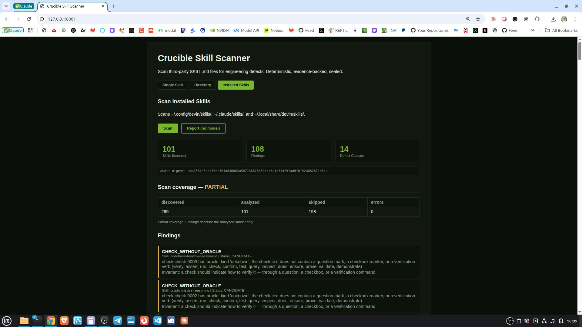 Crucible Skill Scanner, real run: 101 skills scanned, 108 findings, 14 defect classes, PARTIAL coverage reported honestly